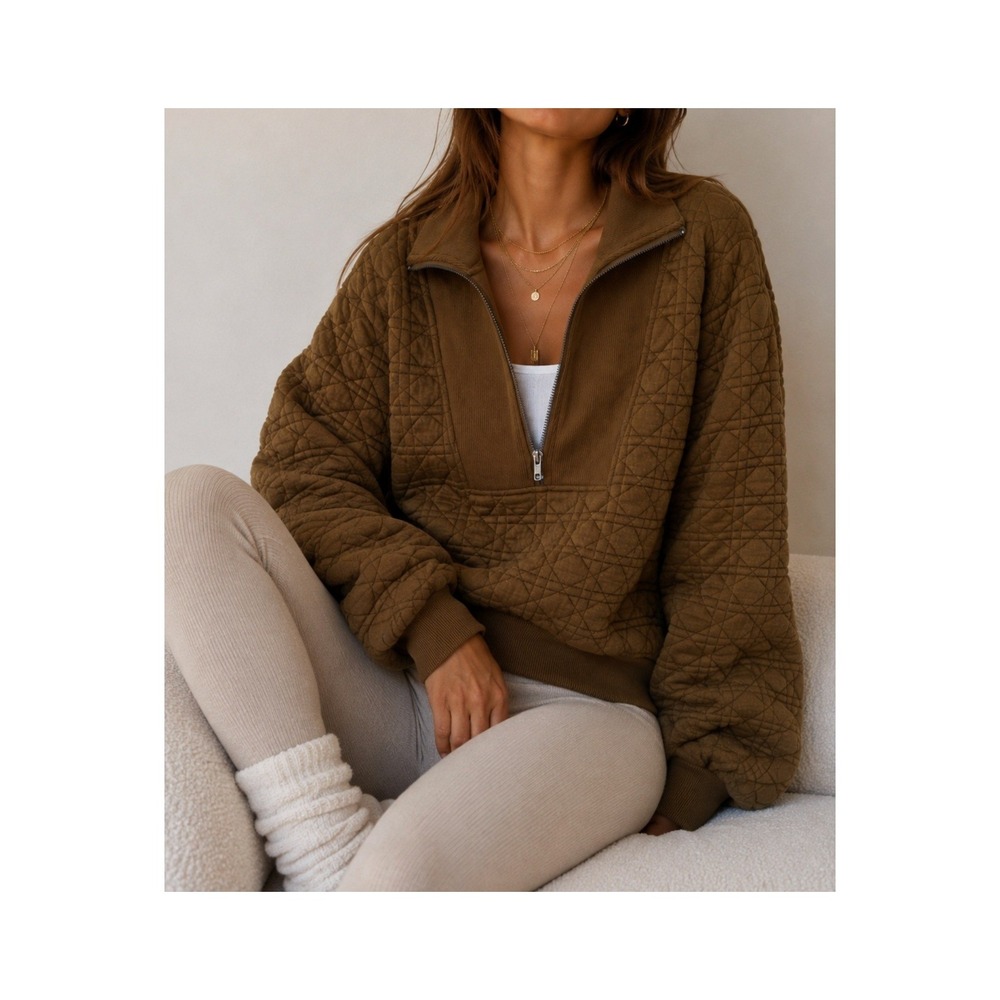 Böhme Quilted Quarter Zip Pullover Brownish Olive Oversized Sweatshirt Boho- XL
